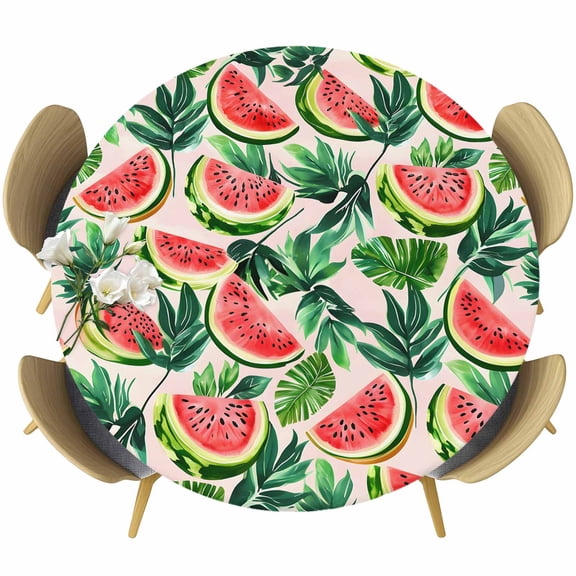 Watermelon Round Tablecloth, Fitted Table Cover with Elastic for 36"-44" Round Tables, Red Fruit Summer Cartoon Tropical Leaf Table Cloth Outdoor Indoor Dinning Party Waterproof Tablecloths