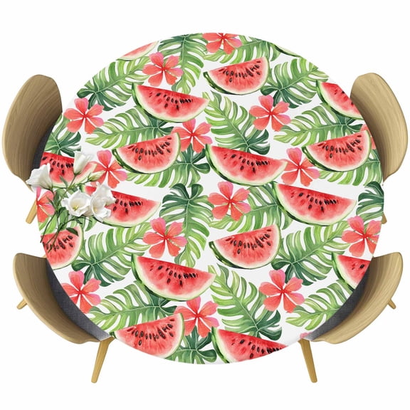 Watermelon Round Tablecloth, Fitted Table Cover with Elastic for 36"-44" Round Tables, Summer Fruit Flowers Leaf Tropical Plant Table Cloth Outdoor Indoor Dinning Party Waterproof Tablecloths