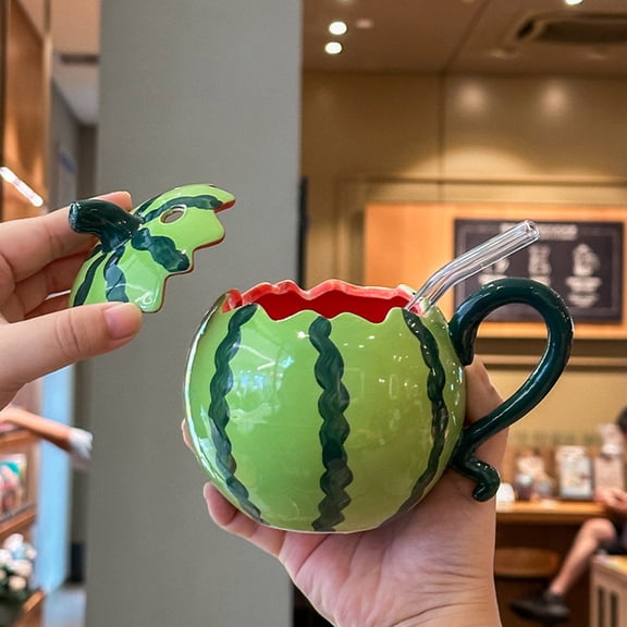 Watermelon Shaped Ceramic Cup With Lid and Straw Summer Drinking Mug Home Table Decoration for Coffee Milk Water Daily Use YYUZH