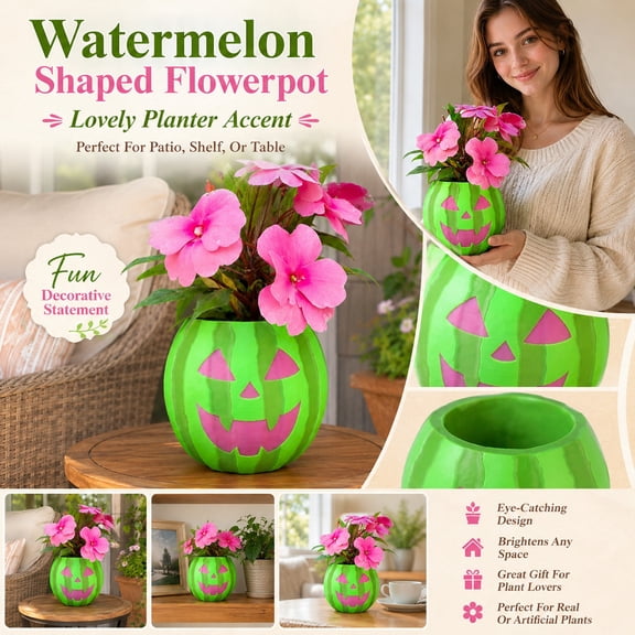 Watermelon-Shaped Planter with Jack-O'-Lantern Face Design | Vibrant Green Striped Succulent Pot for Desk, Shelf, Kitchen Counter, Entryway | Fun Fall & Year-Round Decor