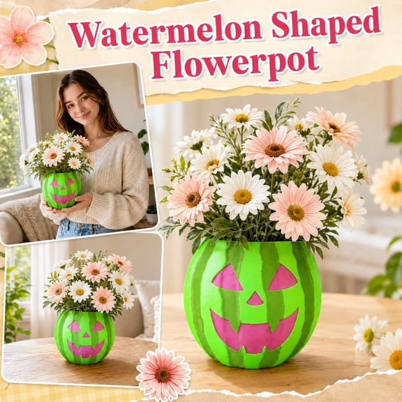 Watermelon-Shaped Planter with Jack-O’-Lantern Face | Pink & Green Ceramic Succulent Pot with Drainage Hole | Festive Halloween Decor for Kitchen, Desk, Porch, Classroom & Home