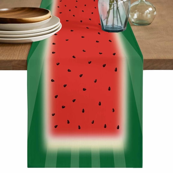 Watermelon Short Table Runner 36 Inches Long,Red Summer Fruits Watercolor Green Striped Cotton Linen Table Runners Dresser Scarves,Fabric Tabletop Scarf Furniture Cover for Home Dinner Party 13"x36"
