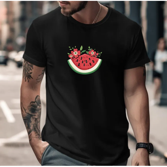 Watermelon Slice Floral Summer Fruit Inspired Fun Casual Graphic Unisex T-Shirt, up to size 5XL