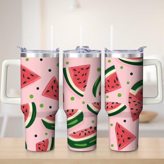 Watermelon Slice Pattern Stainless Steel Insulated Mug with Lid and Handle, 30oz