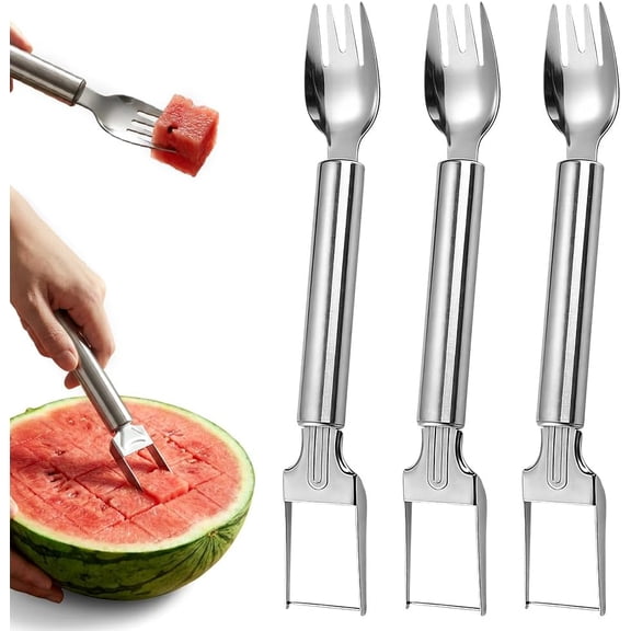 Watermelon Slicer, 2-in-1 Stainless Steel Fruit Cutter and Fork, Portable Kitchen Gadget for Home, Camping, Picnics, Parties, 3 Pack