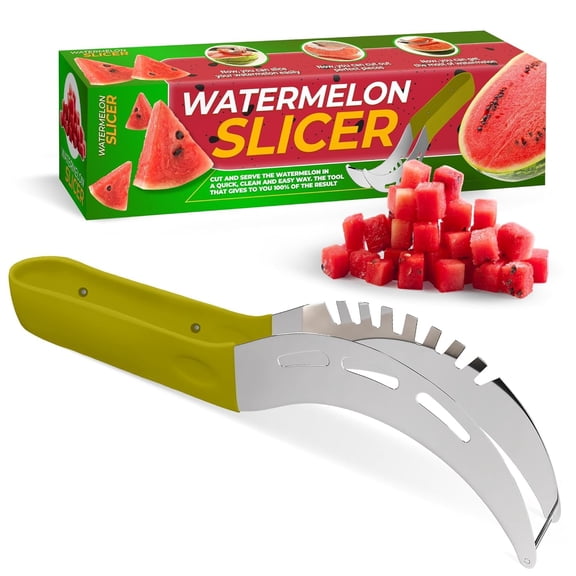 Watermelon Slicer Cutter Tool Stainless Steel, Easy Grip Melon Slicer for Cantaloupe Papaya Honeydew, Quick Cubes Slices for Fruit Salads Smoothies Parties, Green