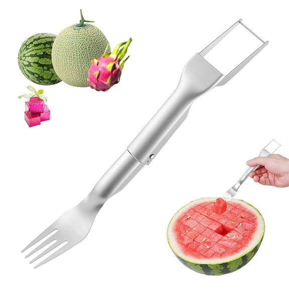 Watermelon Slicer and Fork - 2 In 1 Stainless Steel Double Head Cube Cutter - Round Handle Fruit cutter Tool for Watermelon Cantaloupe - Kitchen Gadget for Home Party - 3 Pack