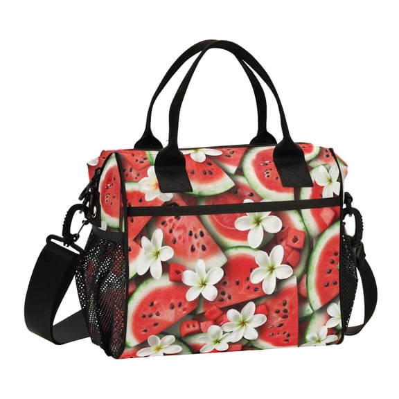 Watermelon Slices and Plumeria Flowers Lunch Bag Insulated Lunch Box Leakproof Reusable Cooler Tote Adjustable Shoulder Strap for Men Women 9L
