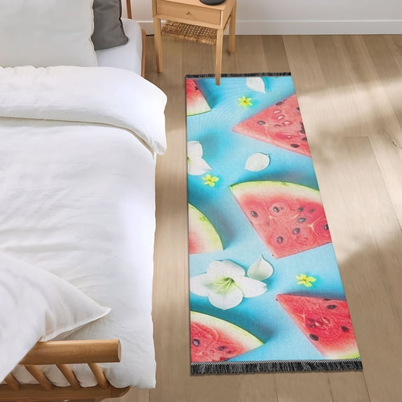 Watermelon Slices with Plumeria Flowers Runner Area Rug 2x6 Soft Non-Slip Washable Bedside Carpet for Hallway Bedroom Living Room Home Decor