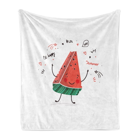 Watermelon Soft Flannel Fleece Throw Blanket, Slice of Happy Watermelon Doodle Summer Fruit Fresh, Cozy Plush for Indoor and Outdoor Use, 60" x 80", Coral Forest Green, by Ambesonne