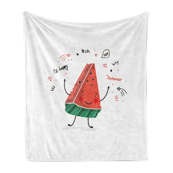 Watermelon Soft Flannel Fleece Throw Blanket, Slice of Happy Watermelon Doodle Summer Fruit Fresh, Cozy Plush for Indoor and Outdoor Use, 50" x 70", Coral Forest Green, by Ambesonne