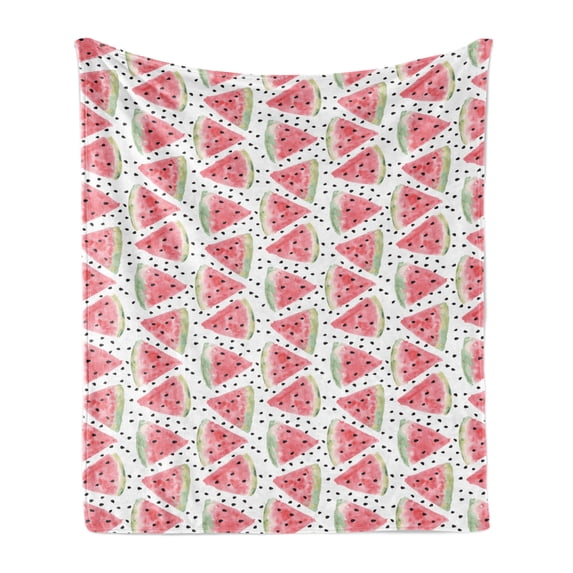 Watermelon Soft Flannel Fleece Throw Blanket, Watercolor Illustration of Triangle Slices and Scattered Fruit, Cozy Plush for Indoor and Outdoor Use, 50" x 60", Coral Pale Green Black, by Ambesonne