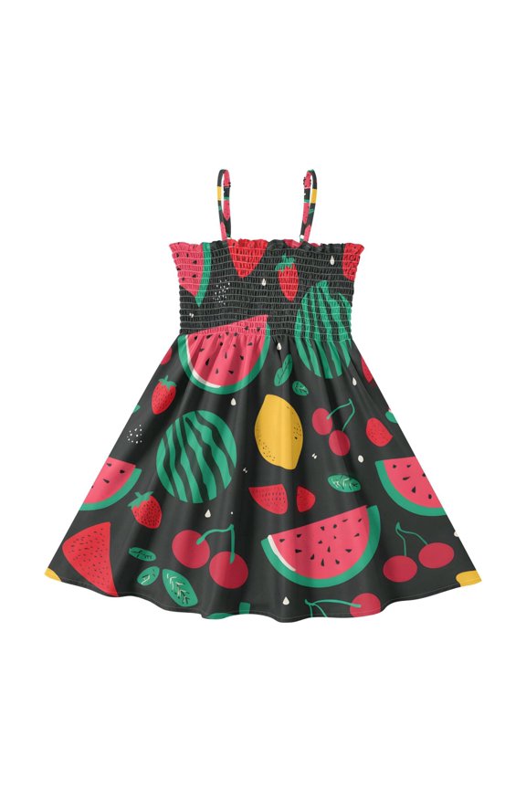 Watermelon Strawberry Pattern Girls' Casual Dresses 2Y-8Y Sleeveless Ruffle Neck for Summer Daily Wear
