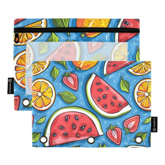 Watermelon Strawberry and Orange 2 Pack Pencil Pouch for 3 Ring Binder Smooth Zipper Folders with Pockets Clear Window Pencil Case