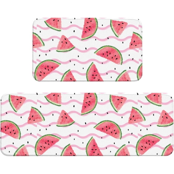 Watermelon Stripe Kitchen Mats for Floor, Summer Fruit Kitchen Rug Runner Non-Slip Kitchen Mats and Rugs 2PCS Absorbent Standing Mats for Office Desk Sink