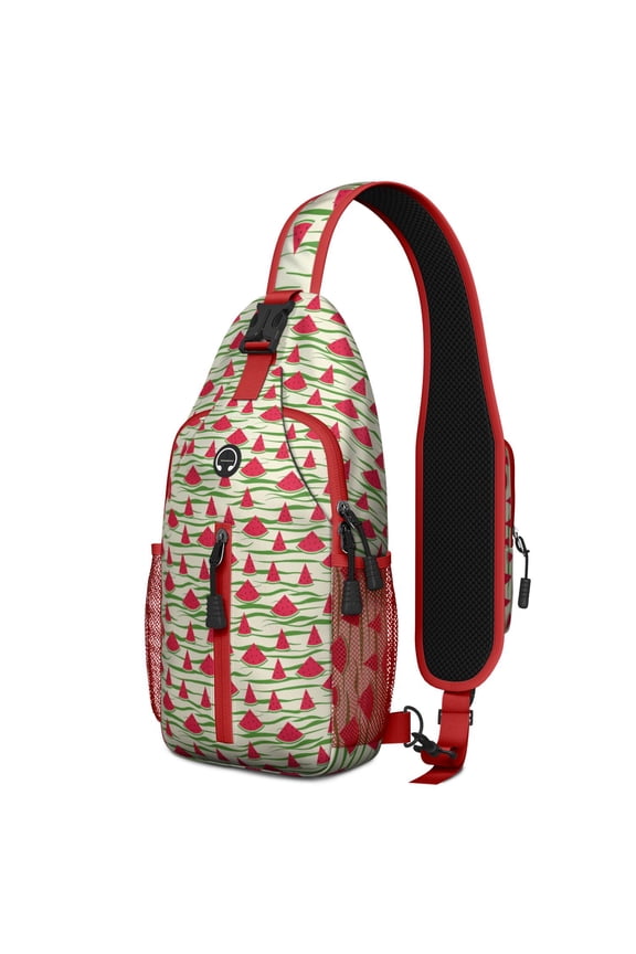 Watermelon Summer Fruit Pattern Sling Backpack, Cute Tropical Watermelon Lovers Print Crossbody Daypack, Aesthetic Sunshine Beach Design, Lightweight Adjustable Strap, Fresh Geometric Refresh Style