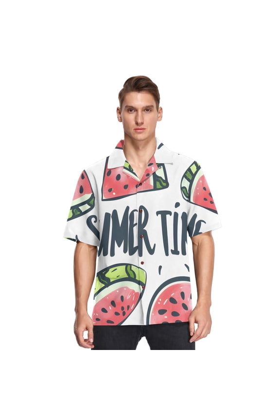 Watermelon Summer Time Men's Hawaiian Wrinkle Free Button Down Short Sleeve Shirt Casual Shirts Beach Shirts
