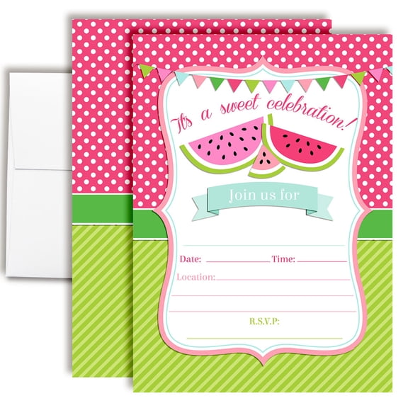 Watermelon Sweet Celebration Birthday Invitations for Kids, 20 Fill-In Cards with Envelopes, 5x7 Children's Birthday Party Invitations, Birthday Party Supplies, Made in USA by Amanda Creation