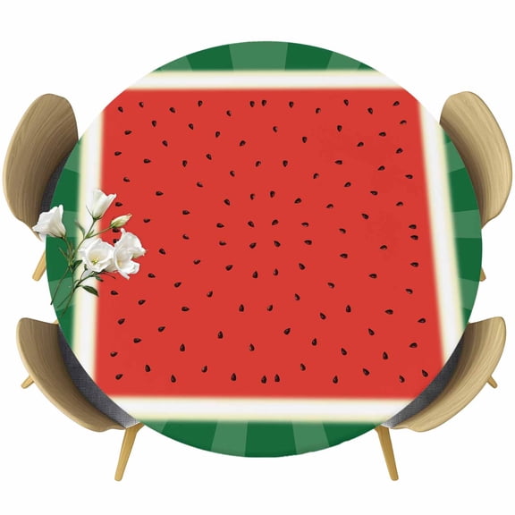 Watermelon Table Cloth, Round Fitted Tablecloths with Elastic Edge, Red Summer Fruits Watercolor Green Striped Wipeable Waterproof Table Cover for Kitchen Wedding 36-44 Inches