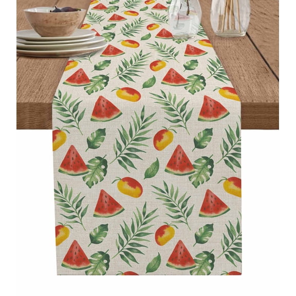 Watermelon Table Runner 108 Inches, Sage Green Palm Leaves Summer Fruit Mango Bed Runner Dresser Scarves Tabletop for Indoor Outdoor Parties/Ceremony/Banquet, 13"x 108"