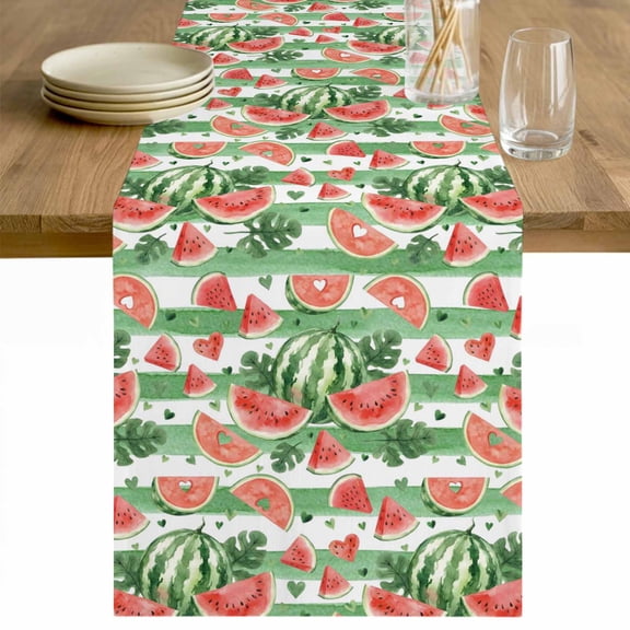 Watermelon Table Runner - 36 Inch Long Watercolor Fruits Green Palm Leaves Striped Cotton and Linen Blended Dress Scarves Farmhouse Table Runner for Kitchen Dining, Coffee Table, 13" x 36"