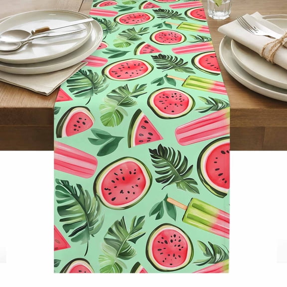 Watermelon Table Runner - 48 Inch Long, Kitchen Dining Table Runner Dresser Scarves, Green Palm Leaves Popsicle Summer Fruit Farmhouse Decor for Coffee Tables Wedding Party Banquet
