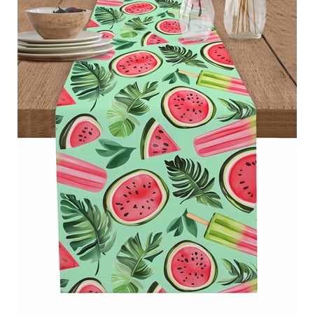 Watermelon Table Runner 60 Inches, Green Palm Leaves Popsicle Summer Fruit Bed Runner Dresser Scarves Tabletop for Indoor Outdoor Parties/Ceremony/Banquet, 13" x 60"
