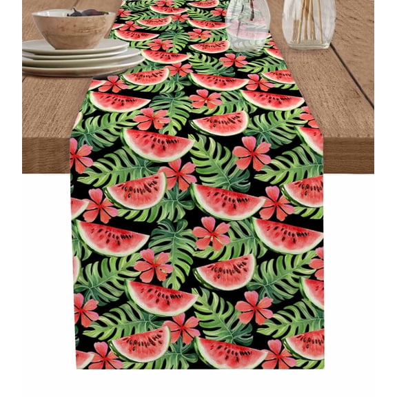 Watermelon Table Runner 72 Inches, Summer Fruit Green Tropical Palm Leaf Flower Bed Runner Dresser Scarves Tabletop for Indoor Outdoor Parties/Ceremony/Banquet, 16" x 72"