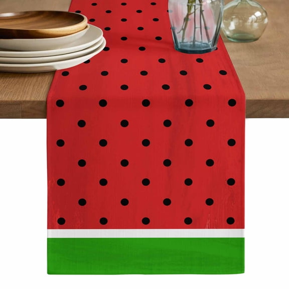 Watermelon Table Runner, Black Polka Dots Green Summer Fruits Washable Cotton Linen Table Runners 36 Inches Long, Dresser Scarf Runner for Nightstand/End Tables/Round Tables 13''x36''