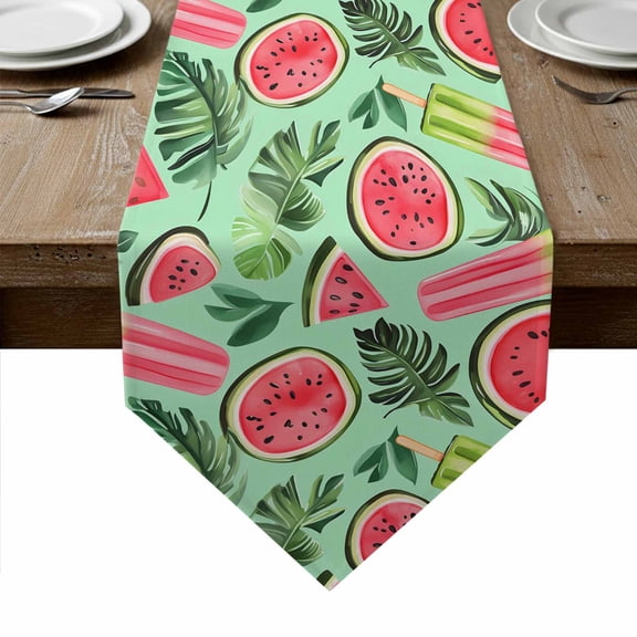 Watermelon Table Runner Linen Burlap Table Runner 48 Inches Long Green Palm Leaves Popsicle Summer Fruit Dresser Scarves for Kitchen Island Coffee Dining Room Party Wedding Holiday Decoration 13"x48"