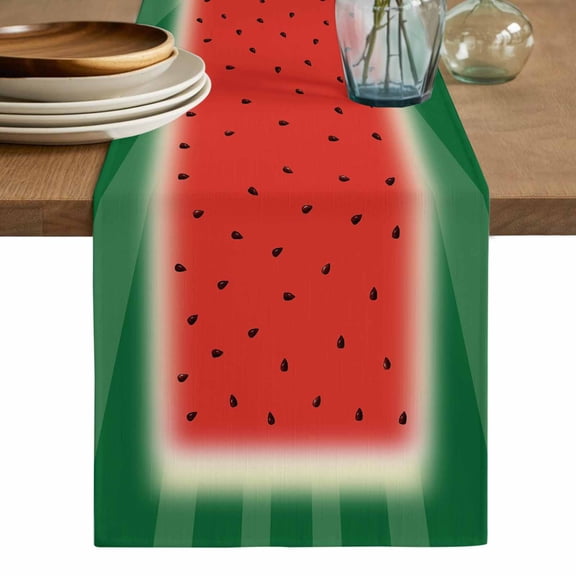 Watermelon Table Runner, Red Summer Fruits Watercolor Green Striped Washable Cotton Linen Table Runners 36 Inches Long, Dresser Scarf Runner for Nightstand/End Tables/Round Tables 13''x36''