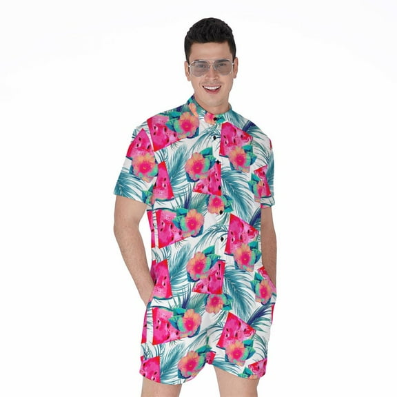 Watermelon Teal Hawaiian Pattern Short Sleeve Men'S Rompers, Tropical Hawaiian Aloha Floral Casual Summer Jumpsuits Outfit