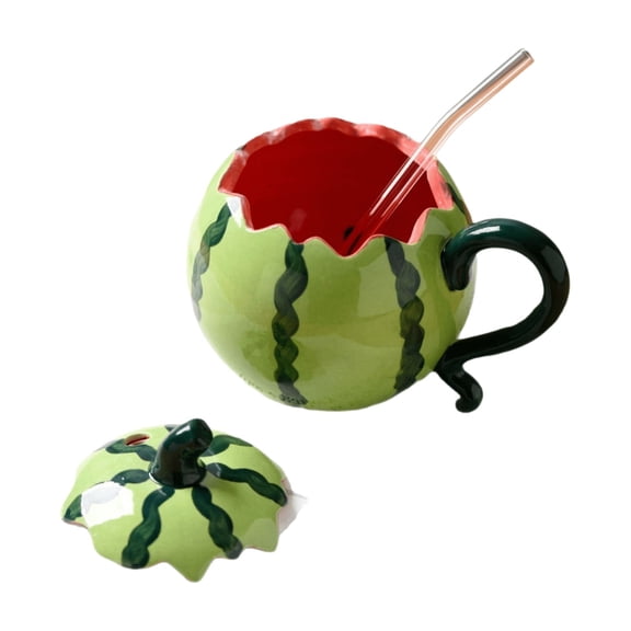 Watermelon Themed Ceramic Drinking Cup with Lid, Cute Wide Mouth Beverage Mug for Home Kitchen Barware, Novelty Fruit Shaped Coffee Tea Cup for Daily Use & Decor