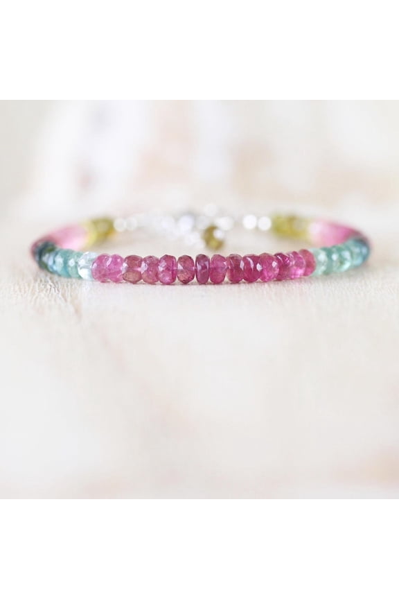 Watermelon Tourmaline 3.5mm Rondelle Shape Faceted Cut Beads 7 inch Adjustable Silver Plated Clasp Bracelet for men, women, unisex. Link Chain Stacking Bracelet.|LINK_06608
