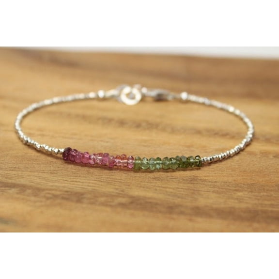 Watermelon Tourmaline 3mm Rondelle Shape Smooth Cut Beads 7 inch Silver Plated Clasp Bracelet for men, women, unisex. Link Chain Stacking Bracelet.|LINK_06628