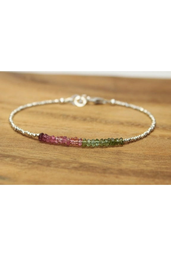 Watermelon Tourmaline 3mm Rondelle Shape Smooth Cut Beads 7 inch Silver Plated Clasp Bracelet for men, women, unisex. Link Chain Stacking Bracelet.|LINK_06628