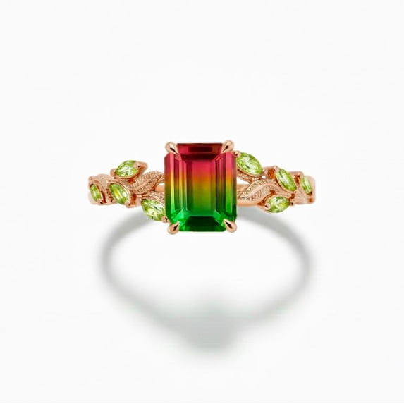 Watermelon Tourmaline & Peridot Leaf Ring, Art Deco Ring, Vintage Wedding Ring, Stackable Leaf design Ring, Emerald Cut October Birthstone, Dark Green Gemstone Ring