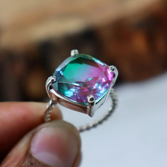 Watermelon Tourmaline Ring, 925 Sterling Silver Ring Tourmaline Doublet Quartz Silver Ring Cushion Watermelon Tourmaline Bi color stone Ring