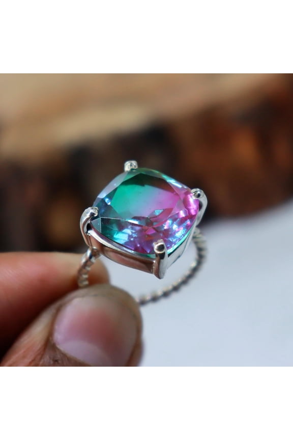 Watermelon Tourmaline Ring, 925 Sterling Silver Ring Tourmaline Doublet Quartz Silver Ring Cushion Watermelon Tourmaline Bi color stone Ring