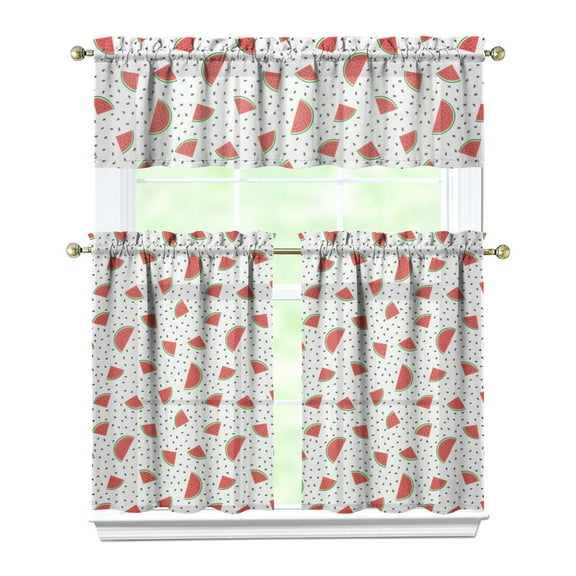 Watermelon Tropical Kitchen Curtains Set, Summer Fruit Print with Cute Sunshine Pattern, Fresh Geometric Design for Watermelon Lovers Kitchen or Dining Room