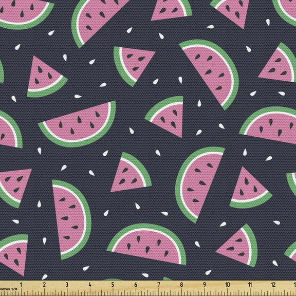 Ambesonne Watermelon Fabric by the Yard Upholstery, Summer Fruit Slices, 3 Yards, Dark Blue Grey Multicolor