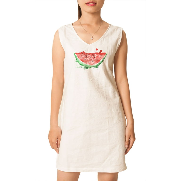 Watermelon With Quotes Printed Vintage V neck Linen Mini Shift