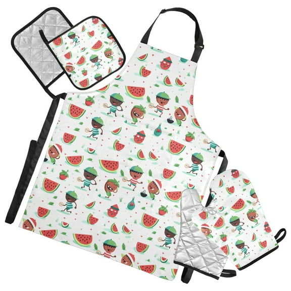 Watermelon and Kids 5 Pcs Kitchen Set Heat Resistant Oven Mitts and Non-Slip Pot Holders with Adjustable Cooking Apron