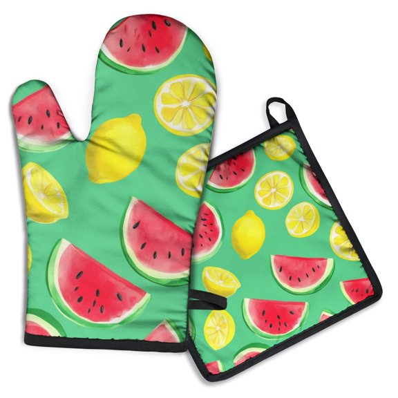 Watermelon and Lemon Kitchen Oven Mitt and Pot Holder Sets 2 Pcs for Baking, Cooking and Grilling, Heat Resistant Up To 392 °F