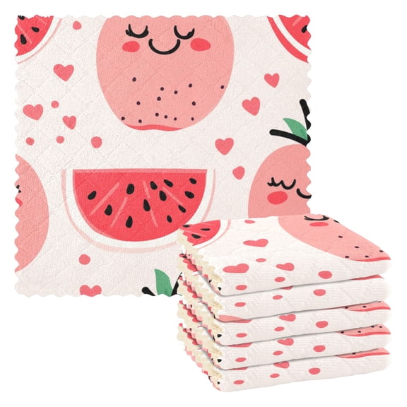 Watermelon and Peach Pattern 6 Pack Kitchen Cleaning Cloths 11'' x 11'', Super Absorbent, Soft Double Layer Plush for Dish and Surface Cleaning