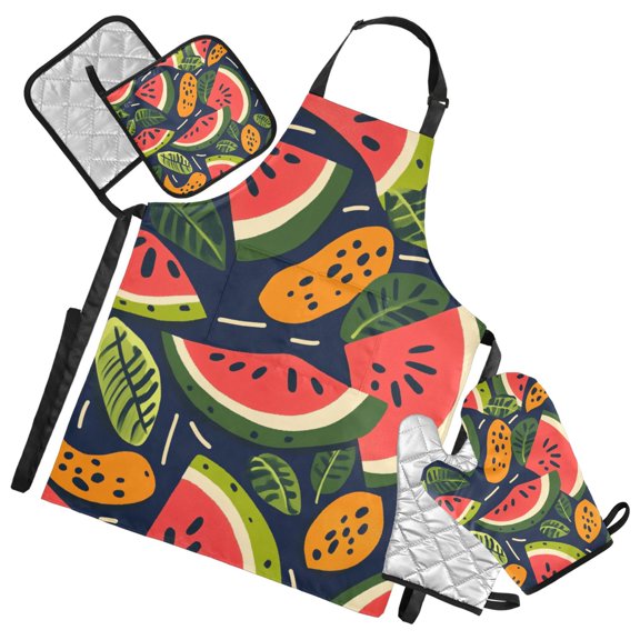 Watermelon and Tropical Elements Oven Mitts and Pot Holders with Chef Apron Set 5 Pcs Kitchen Cooking Set