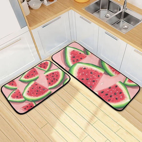 Watermelon on Pink Background Kitchen Mat Set of 2 Cushioned Non Slip Rugs for Bedroom Floor Runner Mats