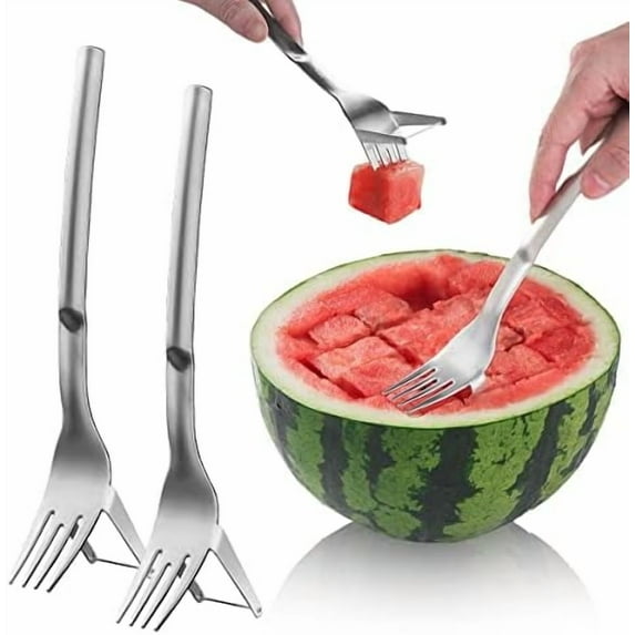 2Pcs Watermelon Fork, Watermelon Slicer Cutter, 2-in-1 Fork Stainless Steel Fruit Cutting Artifact for Family Parties Camping