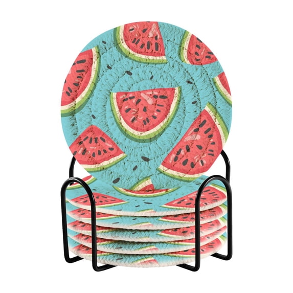 Watermelons 6 Pcs Drink Coasters with Holder Absorbent Coasters Woven Coasters for Drinks Table Desk Protection Home Decor