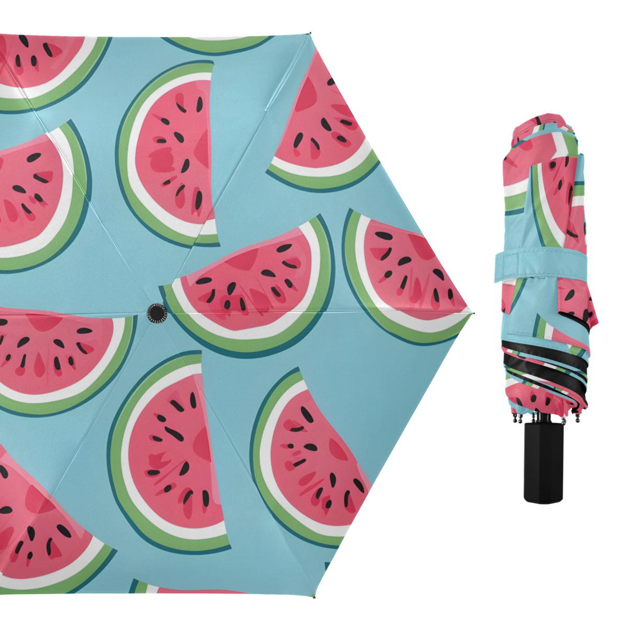 Watermelons Cartoon All Weather Umbrella Triple Folding Parasol 6 Ribs UV Protection Portable